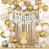 White Gold Birthday Decorations, White Cream Sand Beige Happy Birthday Decorations With Latex Helium Balloon Champagne Fringe Curtain Cake Topper Triangle Flag Banner For Girl Woman Party Supplies