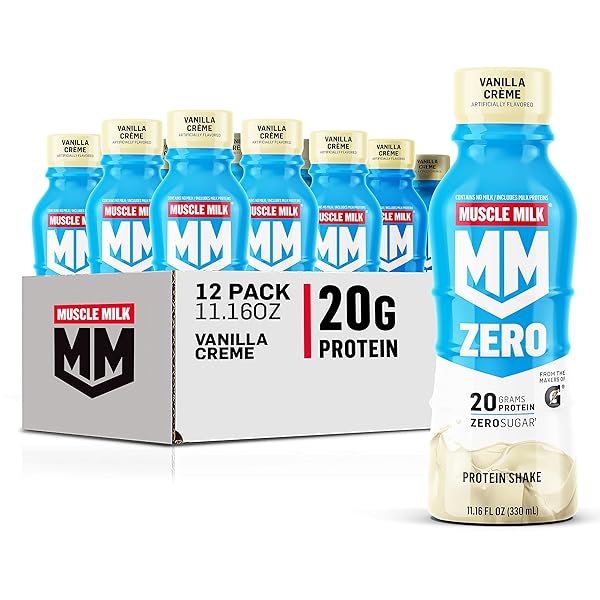 MUSCLE MILK ZERO PROTEIN SHAKE, VANILLA CRÈME, 20G PROTEIN, ZERO SUGAR, 100 CALORIES, CALCIUM, VITAMINS A, C & D, 4G FIBER, ENERGIZING SNACK, WORKOUT RECOVERY, PACKAGING MAY VARY 11.16 FL OZ (PACK OF 12)