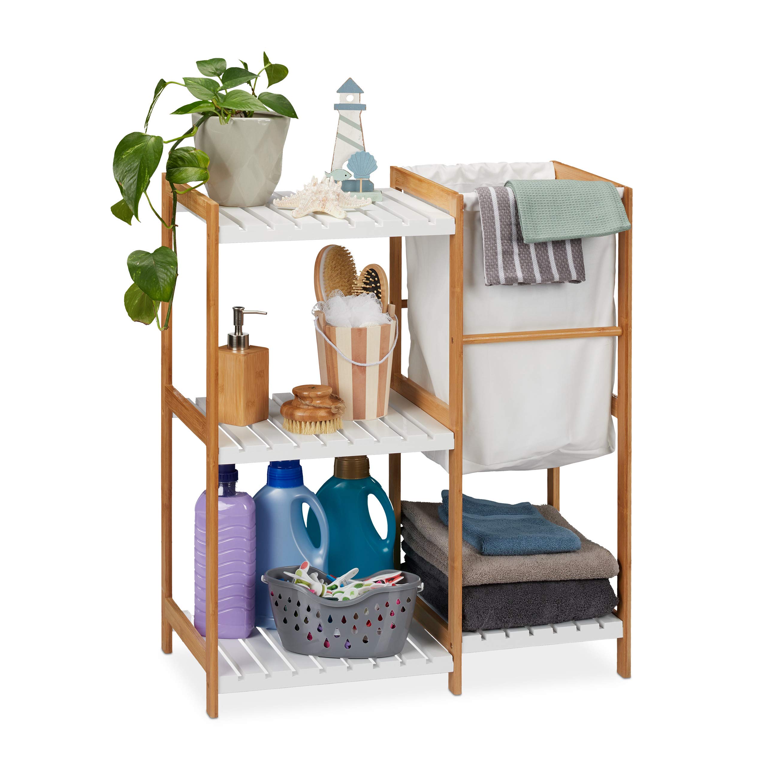 Relaxdays Bathroom Shelf Unit With Laundry Bin, Standing & Open, Bamboo & MDF Shelving Unit, HWD 76x65.5x33 cm, Natural