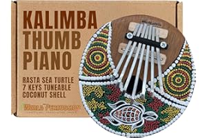World Percussion USA Kalimba Thumb Piano - 7 keys - Tunable - Coconut Shell - Sea Turtle Design - 6-7" Wide