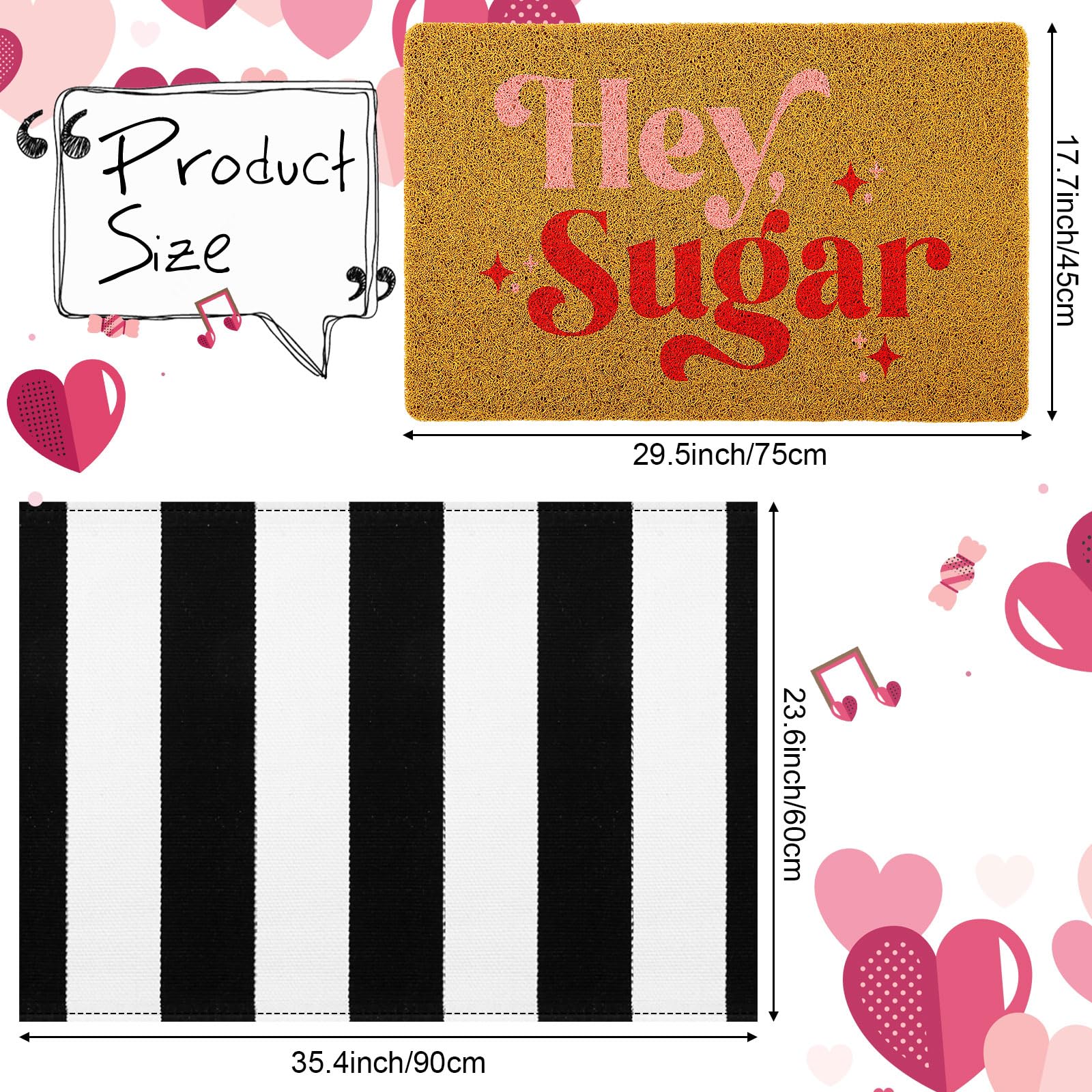Duraaamo Set of 2 Hey Sugar Doormat Valentine‘s Day Welcome Door Mat Black and White Striped Doormat with Non Slip Rubber Backing Rug for Home Bathroom Kitchen Entrance Front Door - Image 2