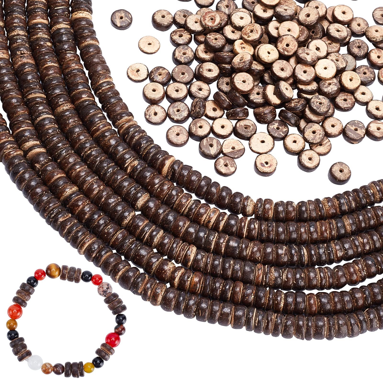 SUPERFINDINGS 6 Strands about 528pcs Coconut Wood Nut Heishi Beads Strands 8mm Brown Heishi Spacer Beads Flat Round Coconut Shell Beads for Bracelet Necklace Earring Jewelry Making,Hole: 1mm