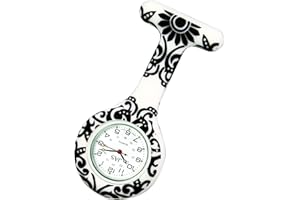 JAS Unisex Nurses Lapel Watch Silicone (Infection Control) Brocade Pattern - Black