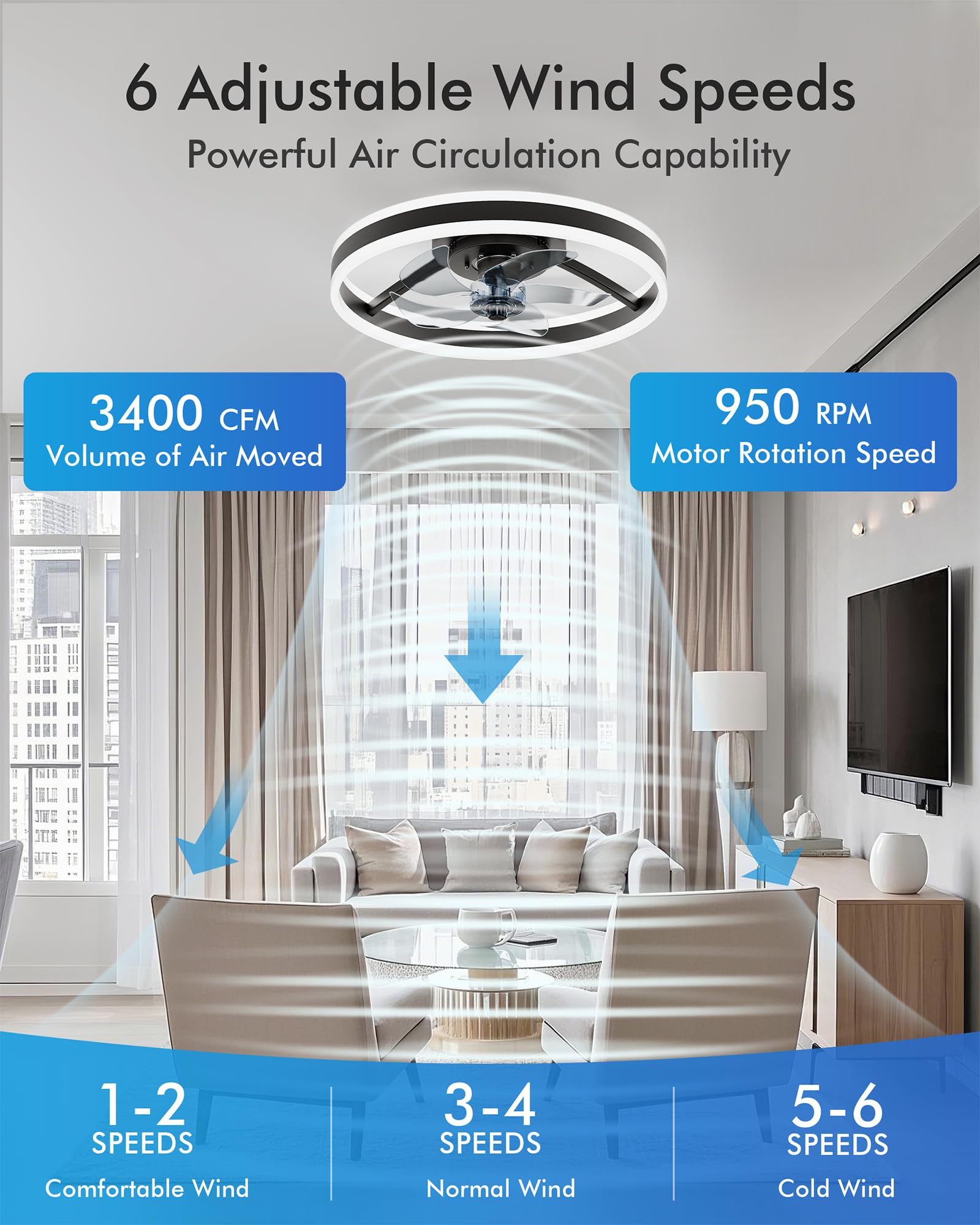 CubiCubi Modern Ceiling Fans, 20 Inch Black Ceiling Fan with Lights and Remote Control, APP, Fandelier with 6 Wind Speeds, Low Profile Ceiling Fans with Lights for Bedroom, Office