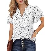 Lotusmile Womens Dressy Chiffon Blouses Summer Puff Petal Short Sleeve Shirts V Neck Casual Work Tops