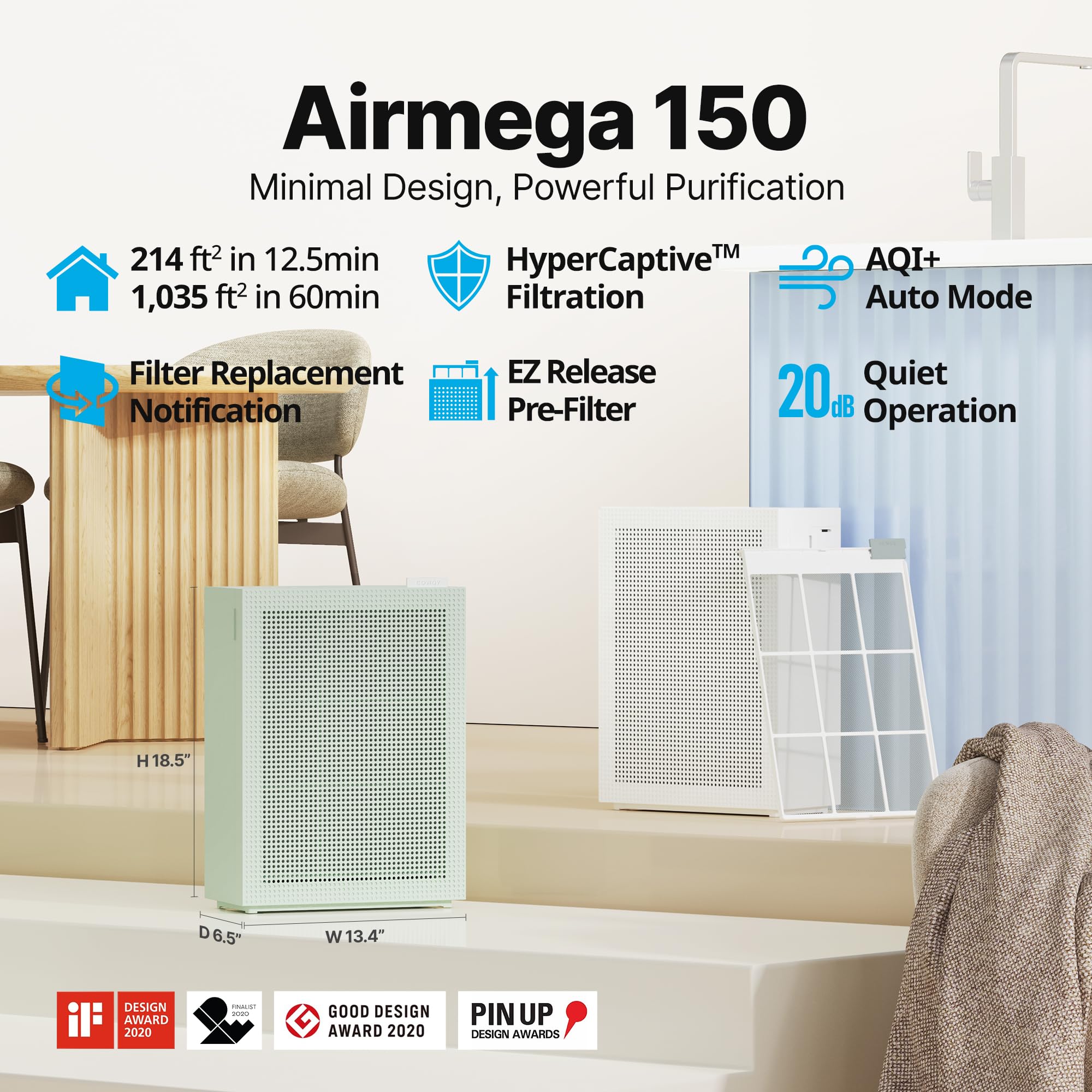 COWAY Air Purifiers for Home Bedroom up to 1,035ft² with Washable Filter, True HEPA Filter for Smoke, Pollen, Dander, Smell Air Purifier with Air Quality Monitor, Auto Mode, 3yr Warranty, 150, White