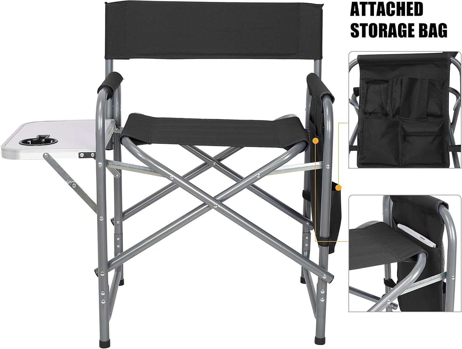 Ubon Steel Frame Portable Director's Chair - Ultra-Wide & Lightweight Seat with Collapsible Side Table & Pockets - Foldable Seat for Camping, Beach, Travel, Sports Games - 300lb Capacity - Dark Black : Sports & Outdoors