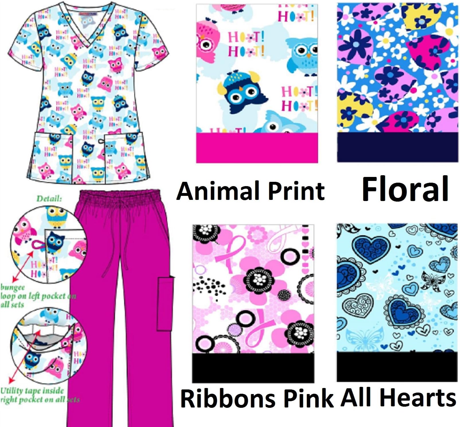 Women's Printed Scrub Sets Top & Pant Sizes XS S M L XL 2XL Nursing (S, All Hearts)