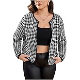 WDIRARA Women's Plus Size Houndstooth Open Front Long Sleeve Jacket Outerwear