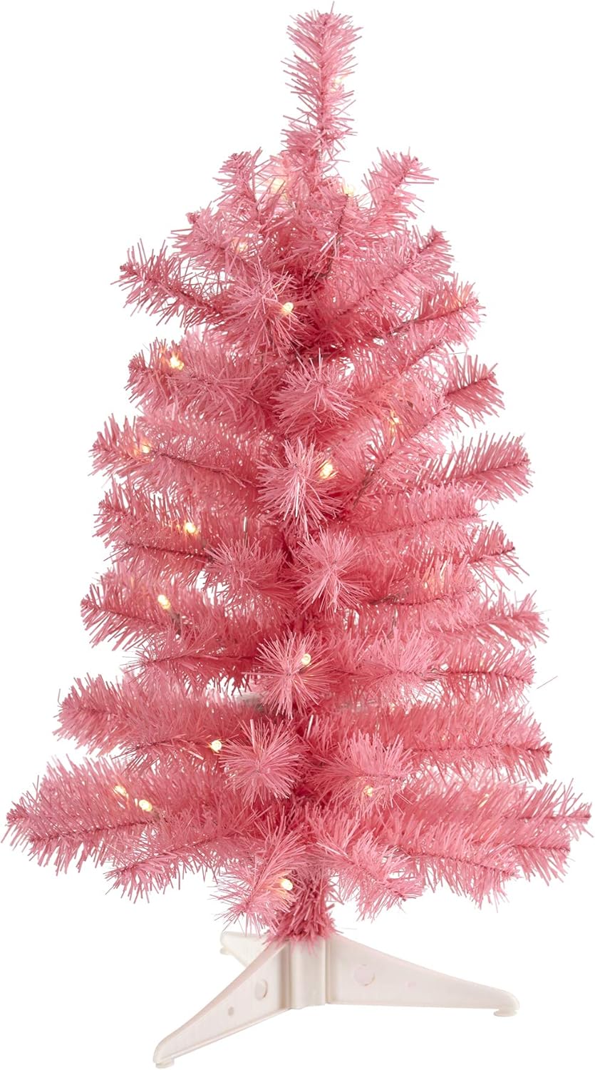 Trees - Nearly Natural 2ft. Pink Artificial Christmas Tree with 35 LED Lights and 72 Bendable Branches