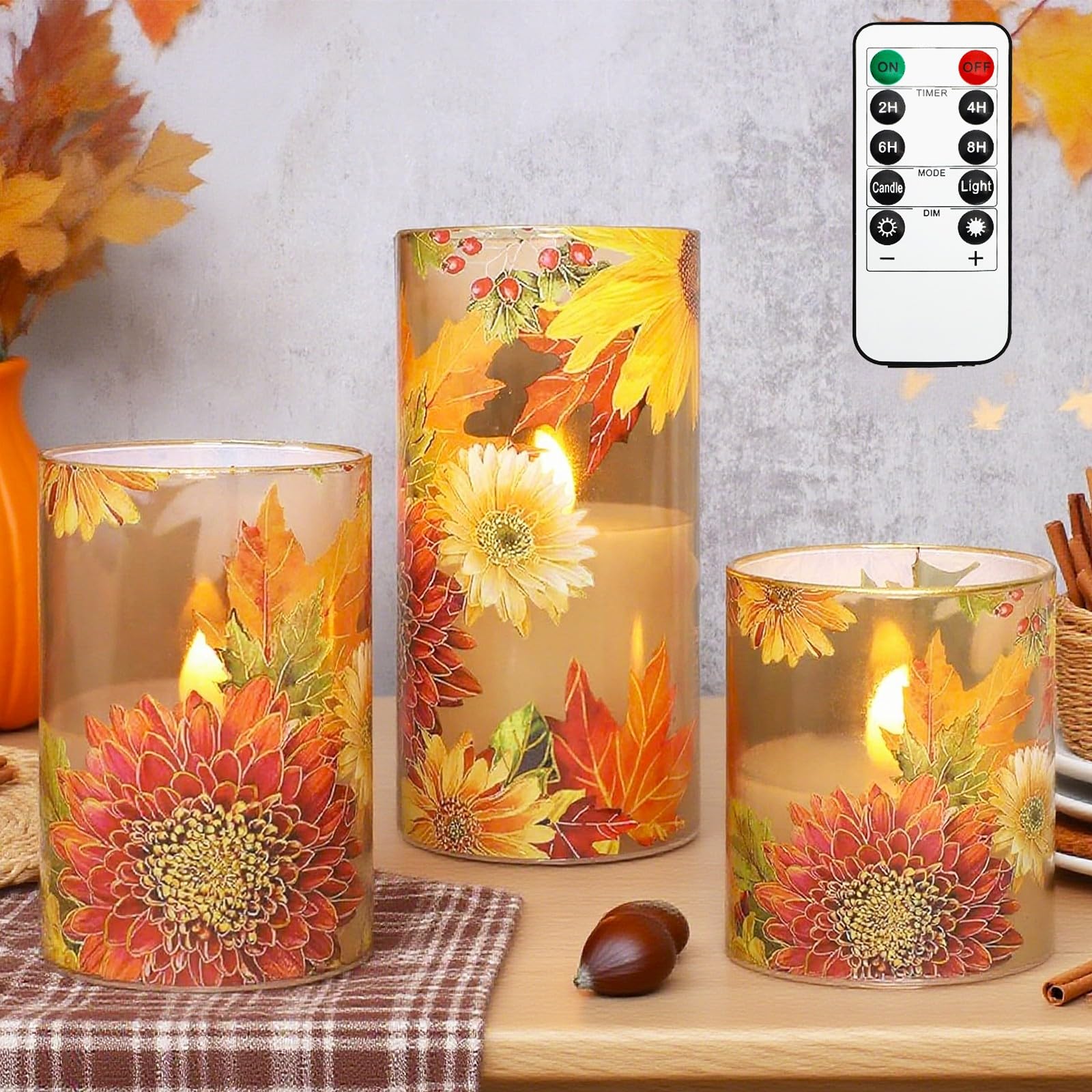 Photo 1 of Cafemoon Fall Glass Flameless Candles with Remote Timer Battery Operated Flickering LED Pillar Candles Chrysanthemum & Maple Leaf Decals for Autumn Thanksgiving Home Decoration, Set of 3