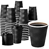 peibobow 12 oz Coffee Cups with Lids, 60 Pack Insulated Corrugated Paper Cups, Disposable Coffee Cups for Water, Juice, Coffee (Black 12 oz)