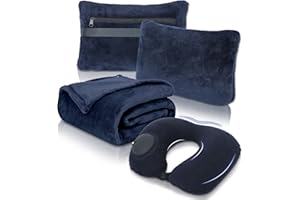 VOTOWN HOME Travel Blanket and Pillow Set - Portable Inflatable Travel Neck Pillow and Premium Soft Airplane Blanket with Built-in Soft Bag, Neck Snaps, Zippered Pouch,and Hand Luggage Strap,70" x 40" (Navy Blue)