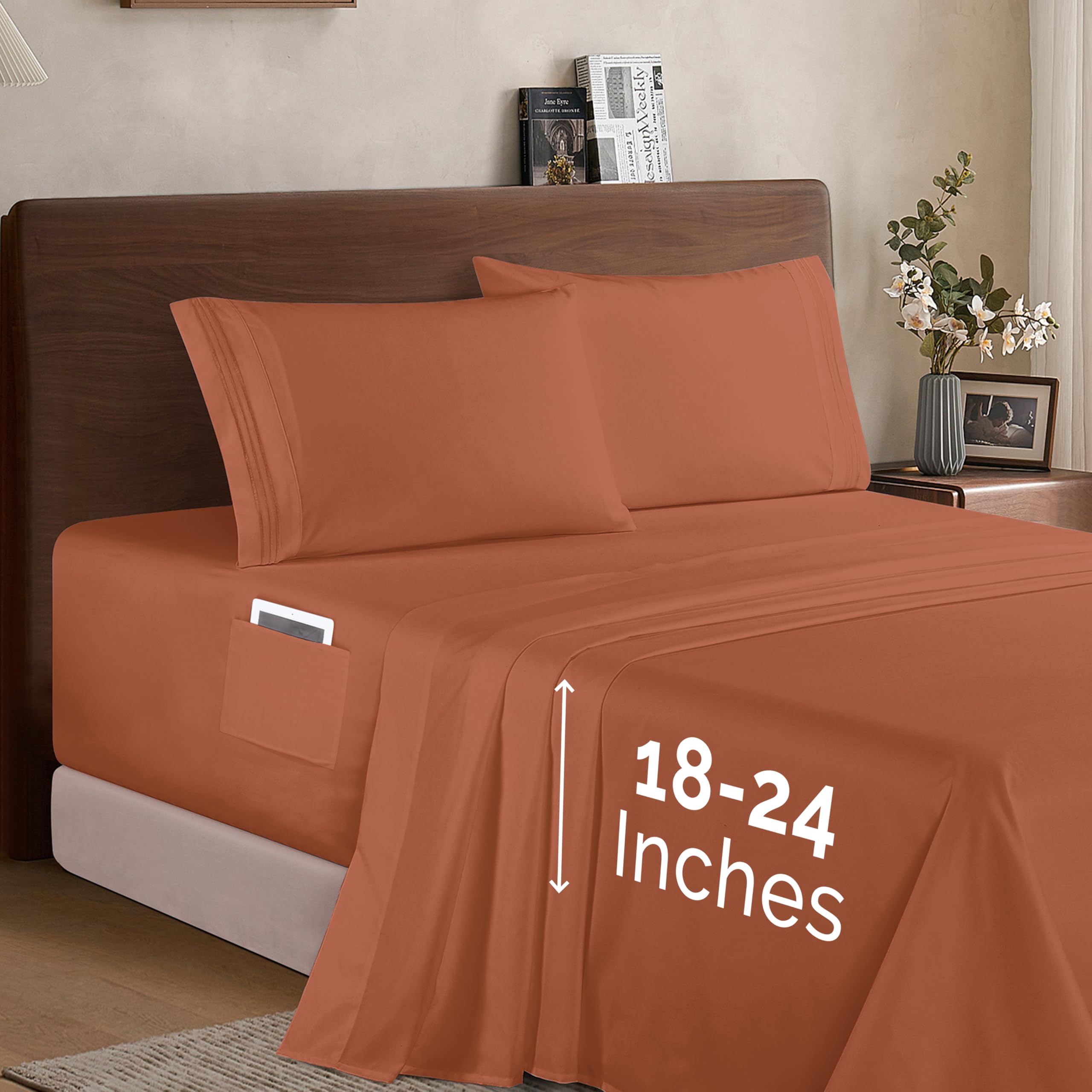 Elegant Comfort Luxury 1500 Premium Hotel Quality Microfiber 4-Piece Sheet Set - Soft, All Around Elastic 18-24 Inches Deep Fitted Sheet - Extra Deep Pocket Sheets, Queen, Coral Image