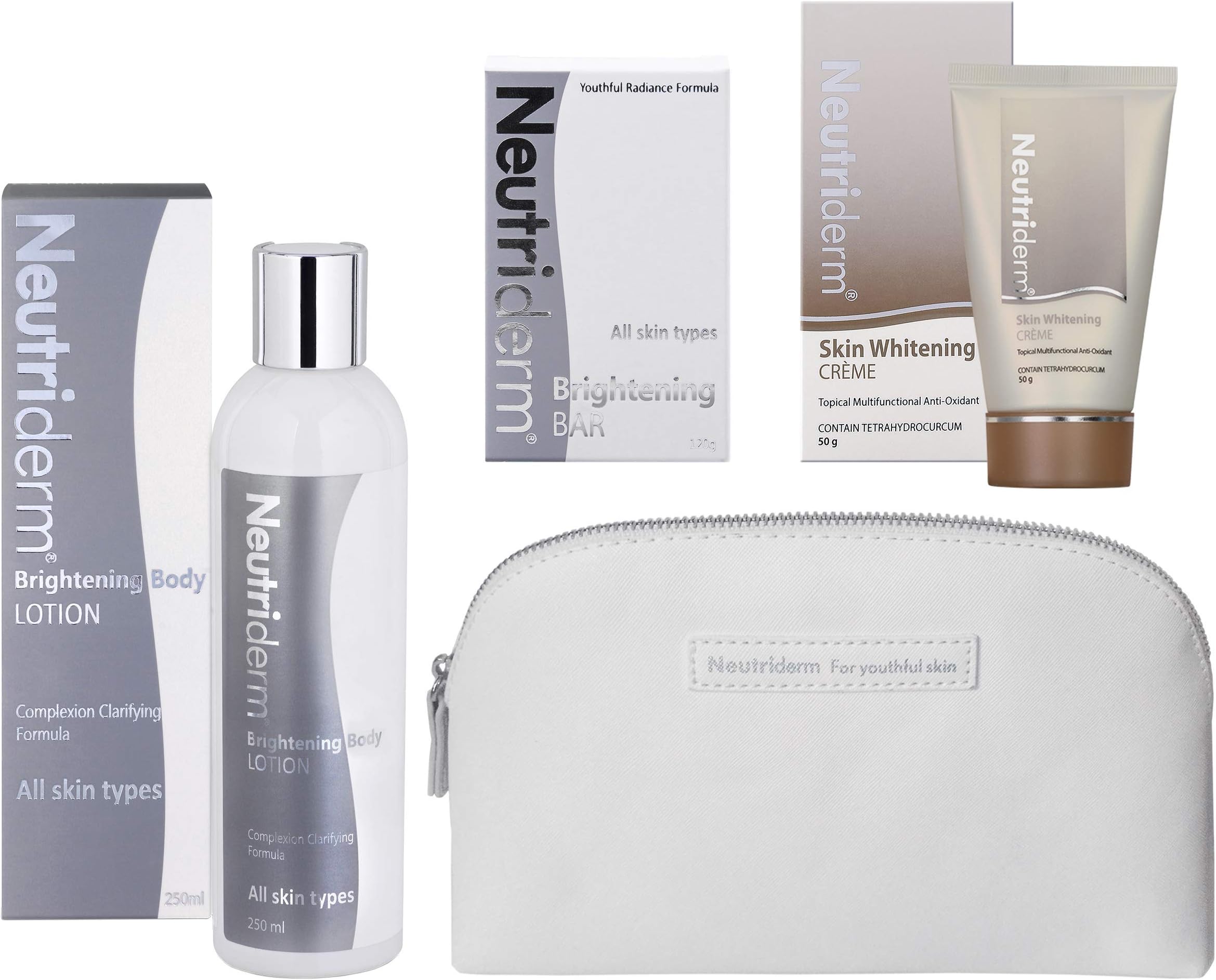 Neutriderm Brightening & Whitening pack - Brightening Body lotion 250ml, Brightening Bar 120g, Skin Whitening Crème 50g, reduces hyperpigmentation, acne spots, age spots & fine lines| Cosmetic Pouch