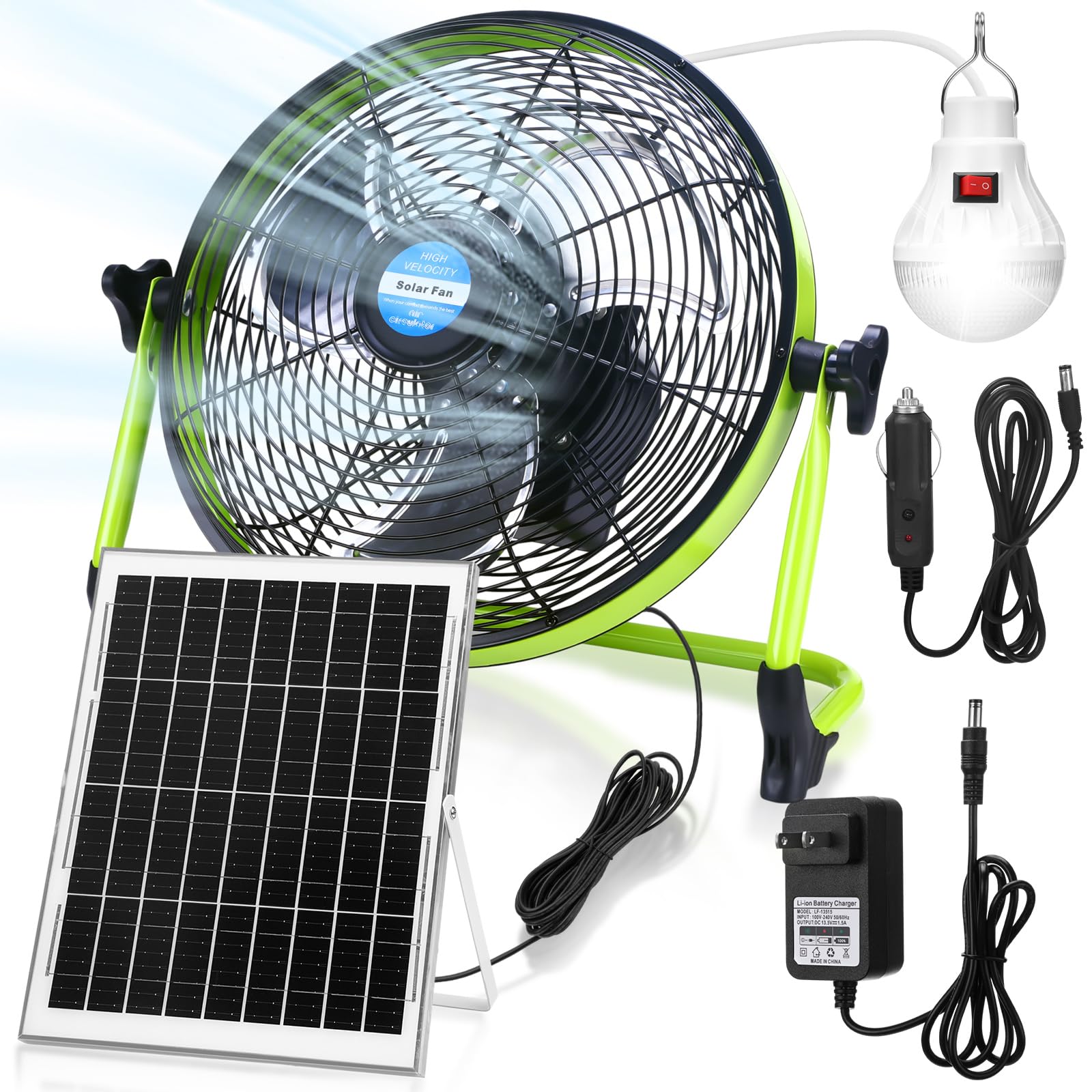 Photo 1 of 12" Solar Rechargeable Floor Fan, 15000mah 20w Battery Powered Fan with Solar Panel & Ac Adapter Charging, 3-in-1 Camping Ventilador and Light for Outside Home Patio Garage Chicken Coop Greenhouse