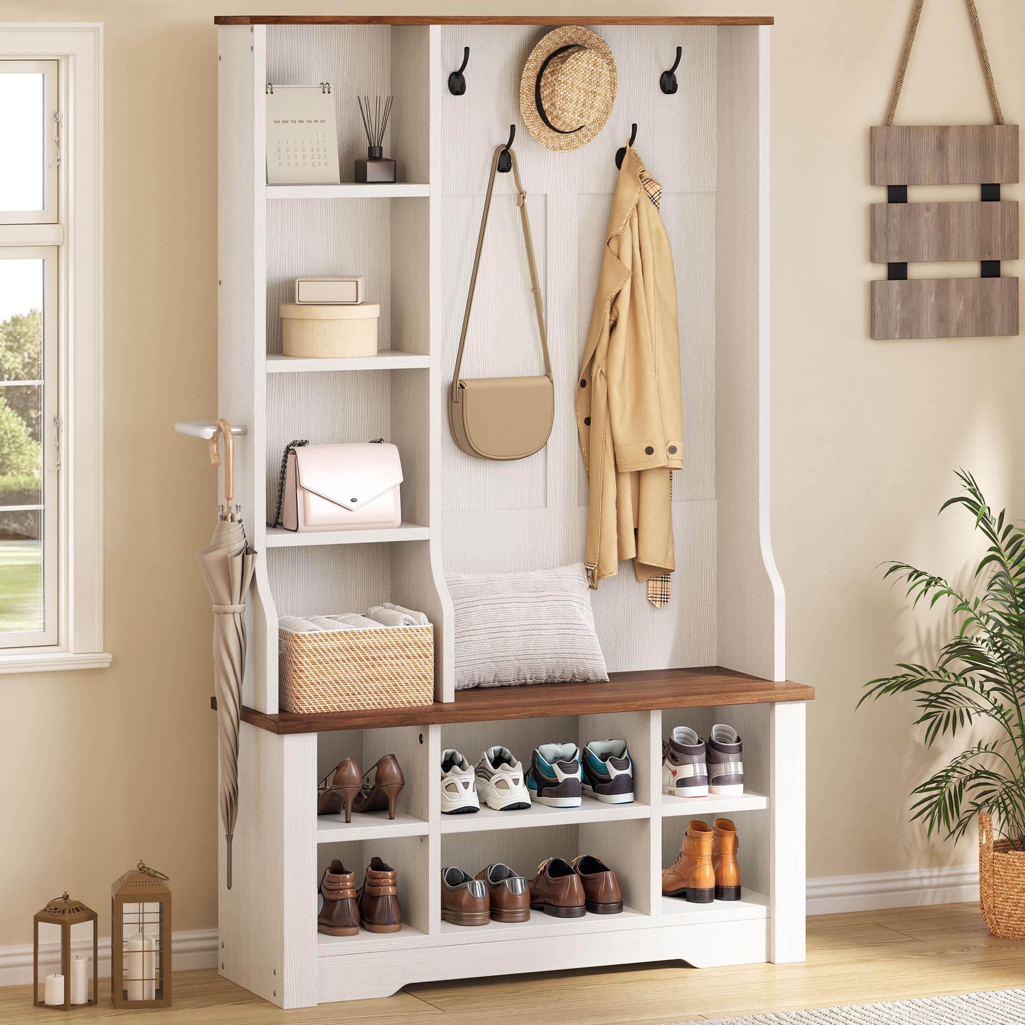 Photo 1 of *** SIMILAR **  DWVO 39" Hall Tree with Bench and Shoe Storage, 6 Shoe Cubbies & 5 Coat Hooks, 4 Side Storage Cubbies, Entryway Bench with Coat Rack for Entryway Hallway Bedroom Narrow, Adjustable Shelf (White)