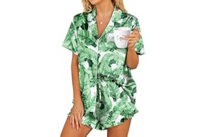 HOTOUCH Womens Satin Pajamas Set Button Down 2 Piece Silk Pjs Shorts Set Ruffle Lingerie Notch Collar Sleepwear