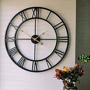 Evursua 24 inch Large Home Decor Wall Clock for Living Room Non Ticking Iron Art Clocks Roman Numeral,Retro Distressed Metal,Oversized (Black, 24 Inch-Thicker Frame)