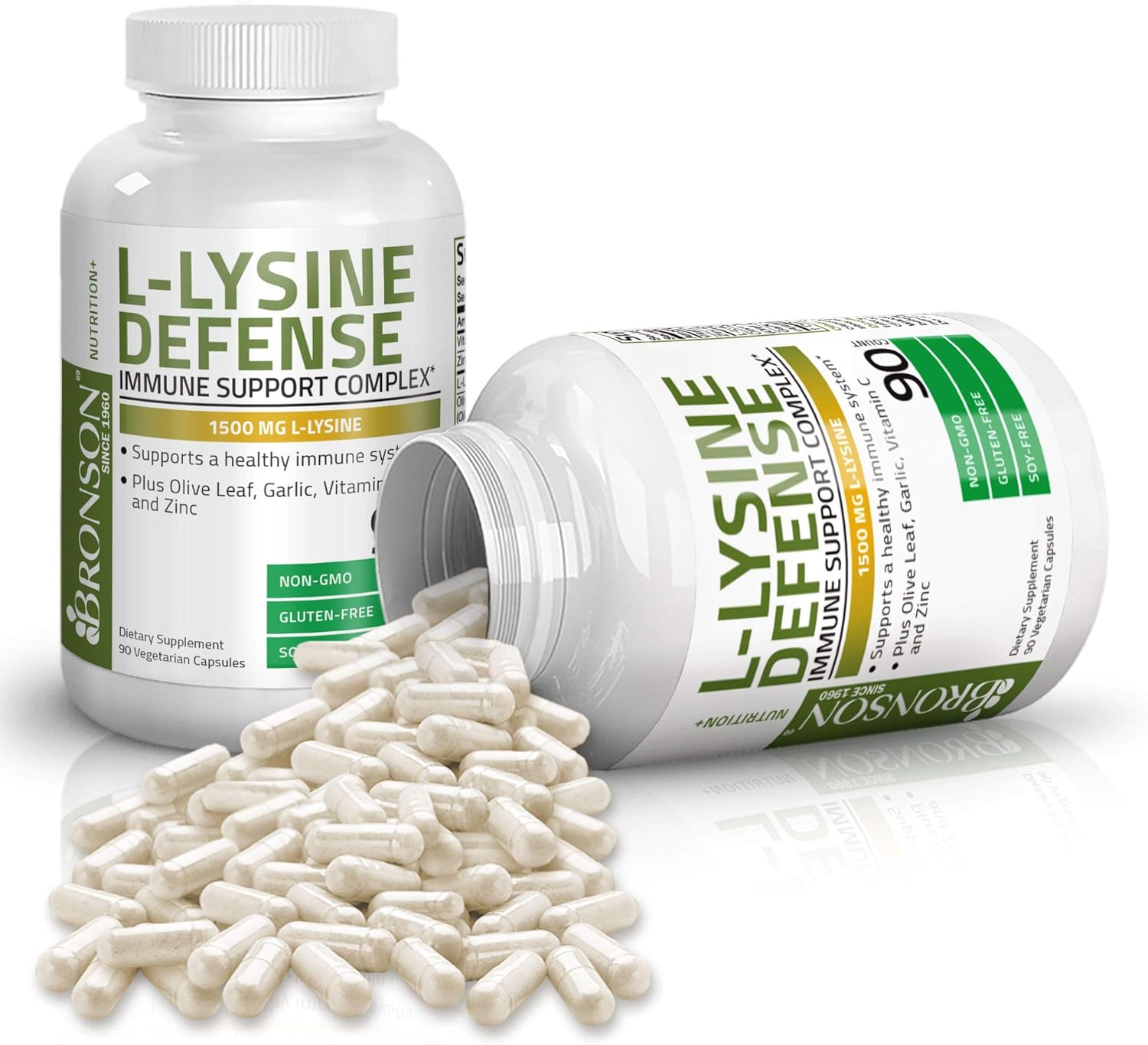 Bronson L-Lysine Defense Immune Support Complex 1500 MG L-Lysine Plus Olive Leaf, Garlic, Vitamin C and Zinc - Non-GMO, 90 Vegetarian Capsules: Health & Personal Care