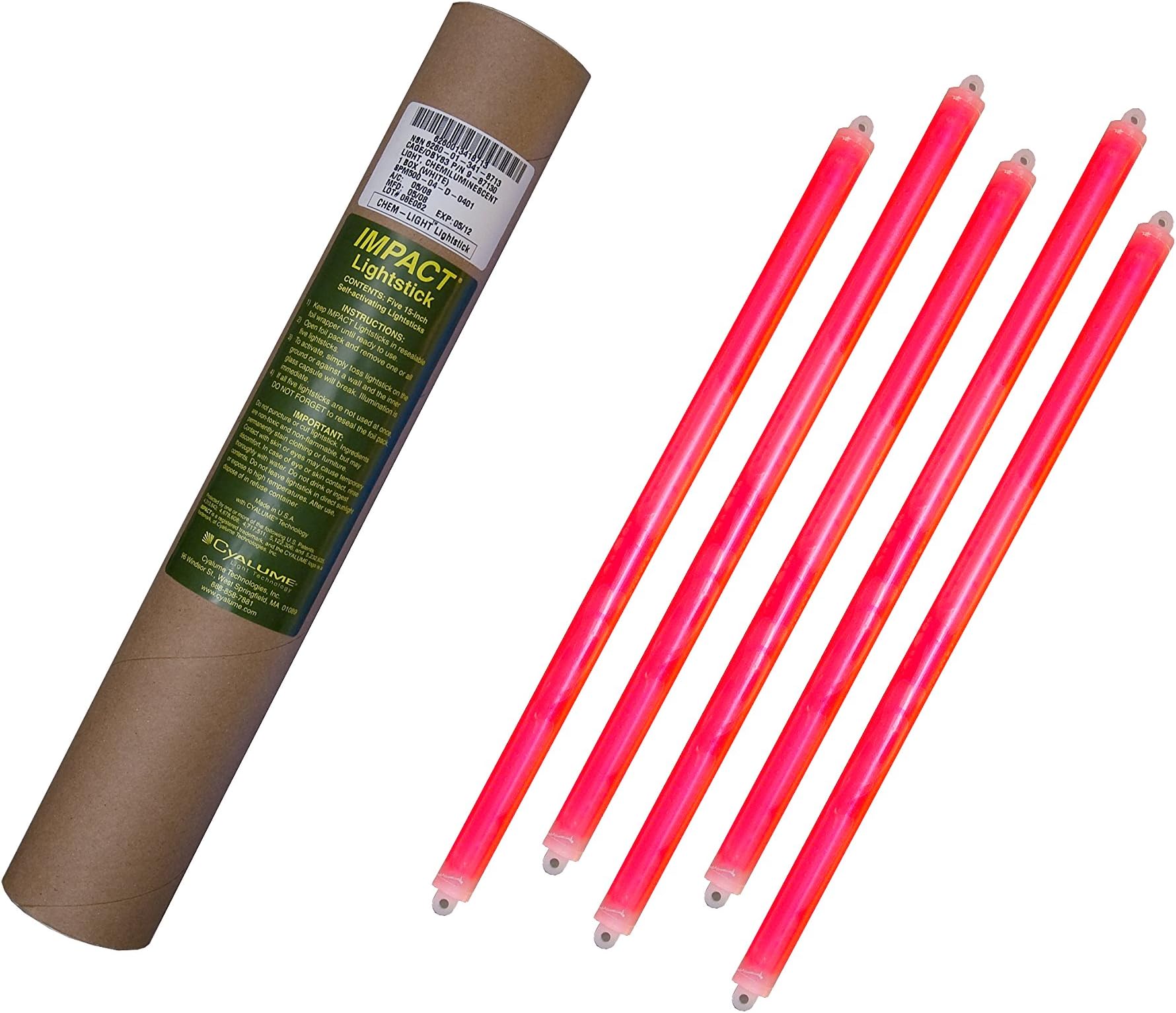 Cyalume Technologies SA9-87120AM Red 15'' IMPACT Lightsticks, 2 End Rings, 12 Hour Duration, Not Wrapped In Foil Packaging, 40cm (1 tube of 5pcs)
