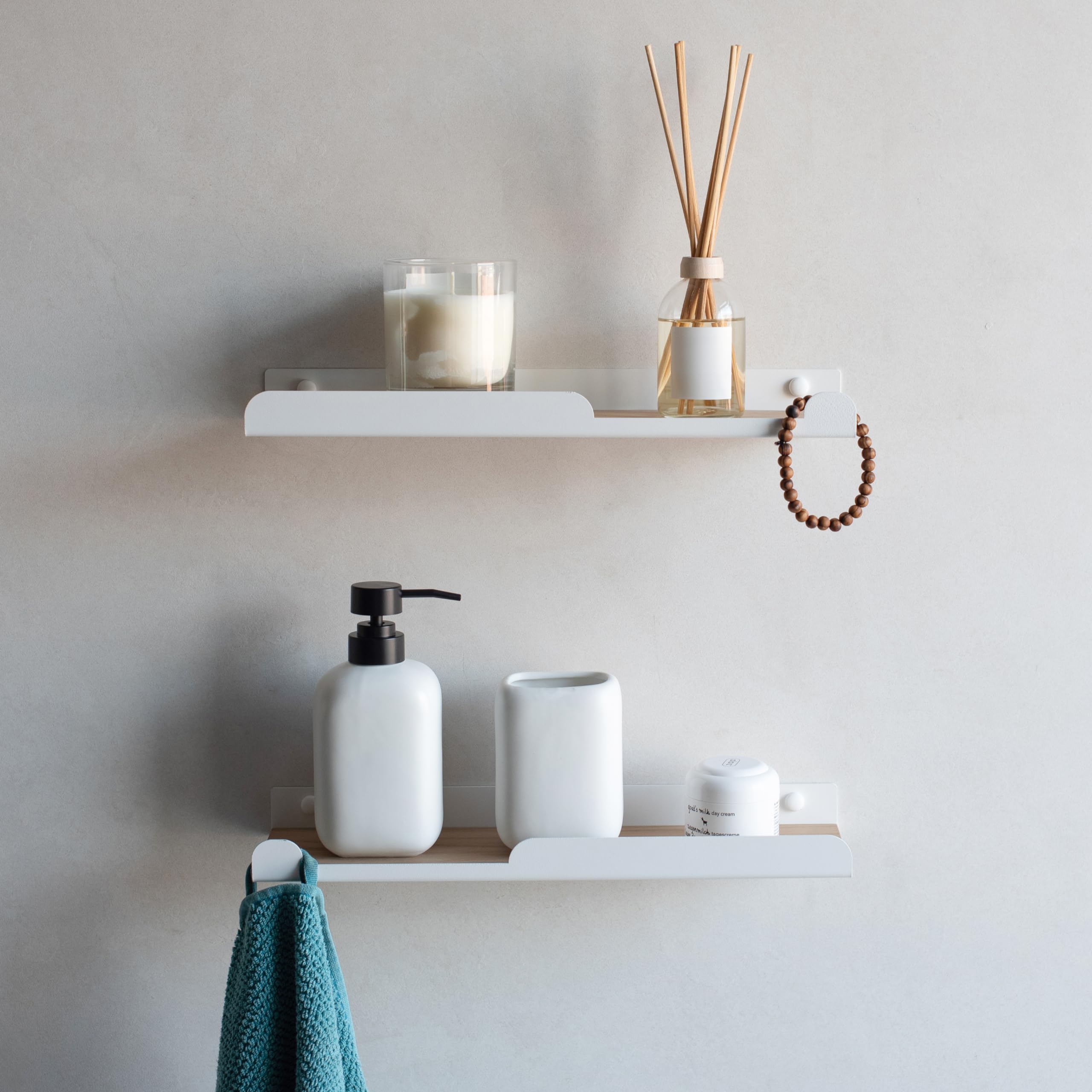 MILUKA Pack of 2 White Metal Floating Wall Shelves 35 x 10 cm | Wall Shelves with Hangers and Wooden Surface | Ideal for Creating White Wall Shelves