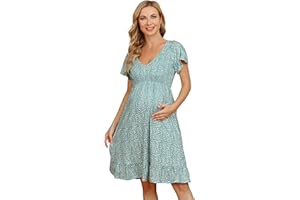 Coolmee Women's Maternity Short Sleeve Ruffle Dress V Neck Summer Casual Smocked Flowy Midi Dress for Baby Shower Photoshoot