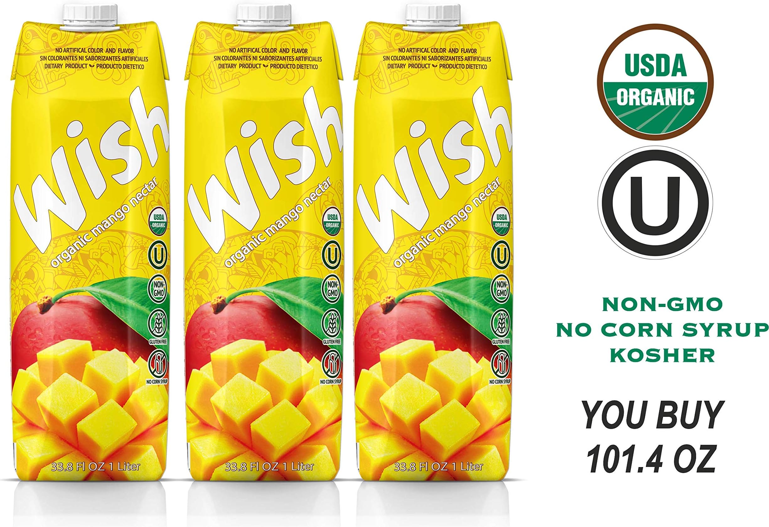 Wish Mango Juice Nectar, Organic USDA, Kosher, 33.8 Fl.Oz.,(Pack of 3)