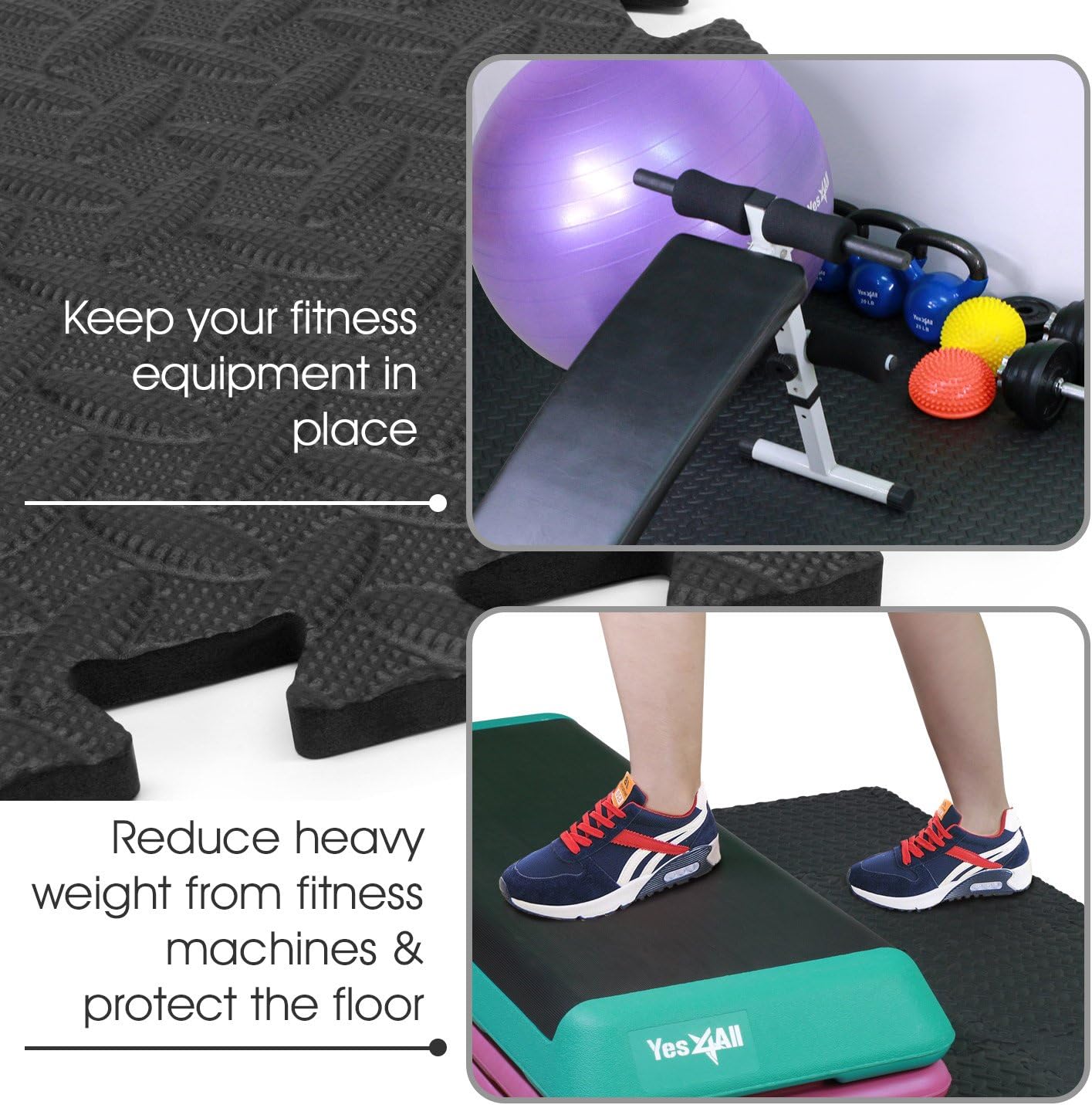 Yes4All Interlocking Exercise EVA Mat Floor Protector (120 Square Feet - Black - with Border) - ²XPAJZ (XPAJ) : Sports & Outdoors
