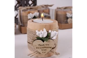 HAPPY TIMES FAVORS Pack of 10 Wood Tealight Candle Holder, Bridal Shower Tealight Holder Thank You Gifts, Wedding Party Favors for Guests, Wooden Cylinder Candle Holders for Table Centerpiece (Heart Tag, Light Brown)