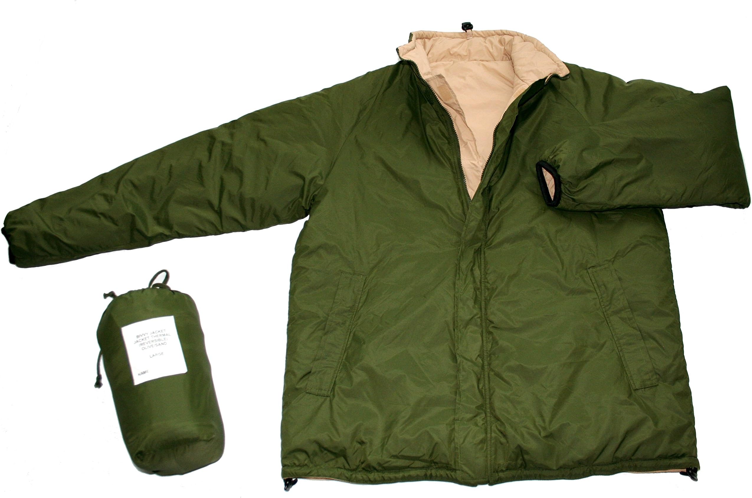 T W Kempton Olive/Sand Reversible Thermal Bivvy Jacket + Bag, Water Resistant, Outdoor. #66307