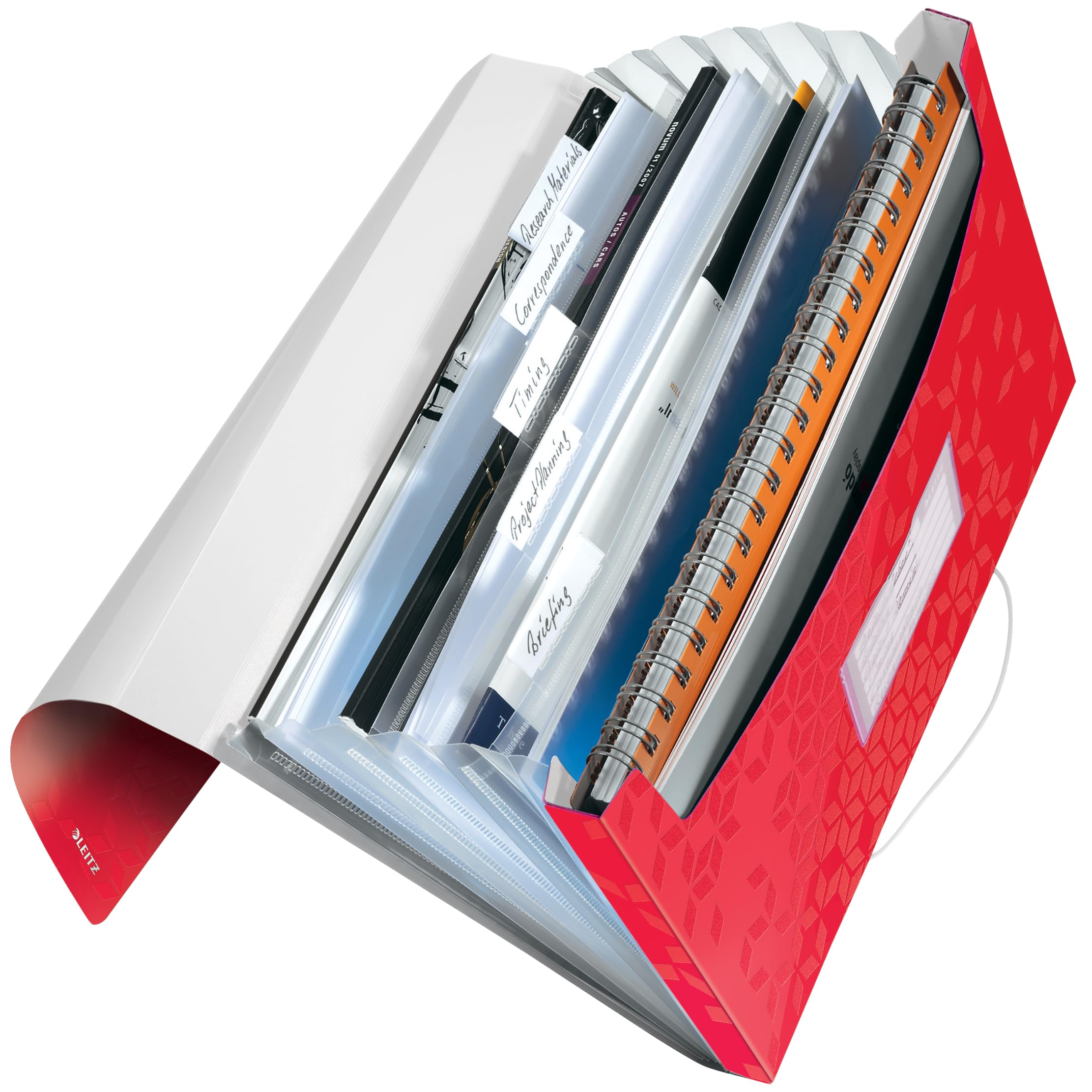 Leitz Wow 45890026 A4 Project Folder with 6 Compartments, Ideal as a File Folder for Projects, with Elastic Closure, Writeable Tabs and Labelling Labels, Red