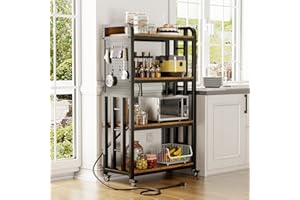SIREDEEP Kitchen Bakers Rack with Power Outlet,With pegboard Bakers Racks,Microwave Oven Stand with Storage 4 Tiers,bakers rack with storage,microwave cart,for Kitchen,Coffee Bar(Vintage Brown,15.75x25.2x55)