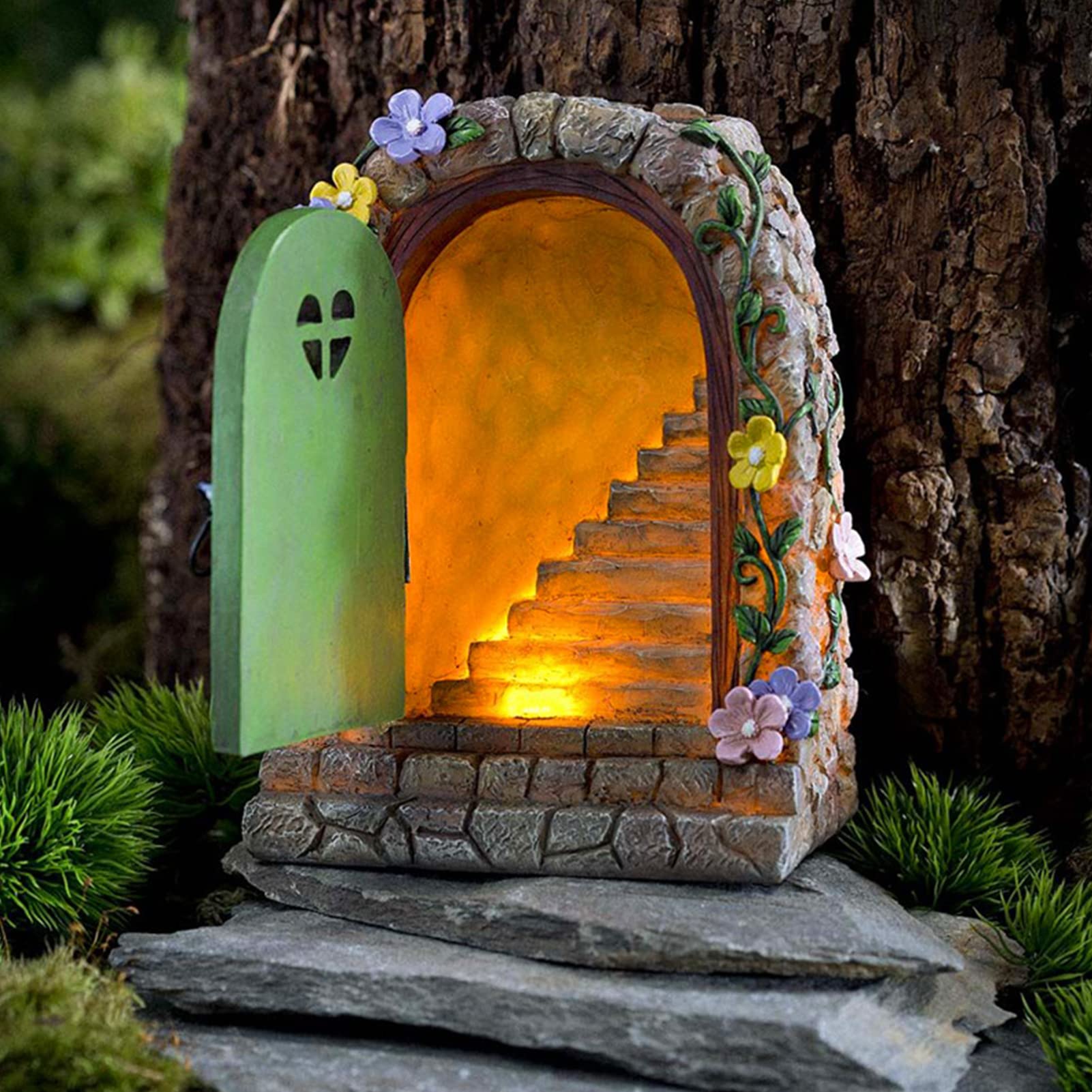 Fairy Garden Door sculpture statue,funny Garden Tree Decoration Resin Solar Light 7x12x15.5 cm