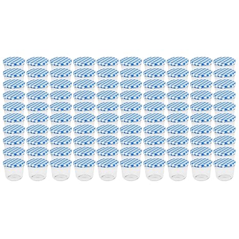 100 WELLGRO® Einmachgläser mit Schraubdeckel - 230 ml, 8,5 x 6,5 cm (ØxH), Glas/Metall, blau karierte Deckel To 82, Gläser Ma