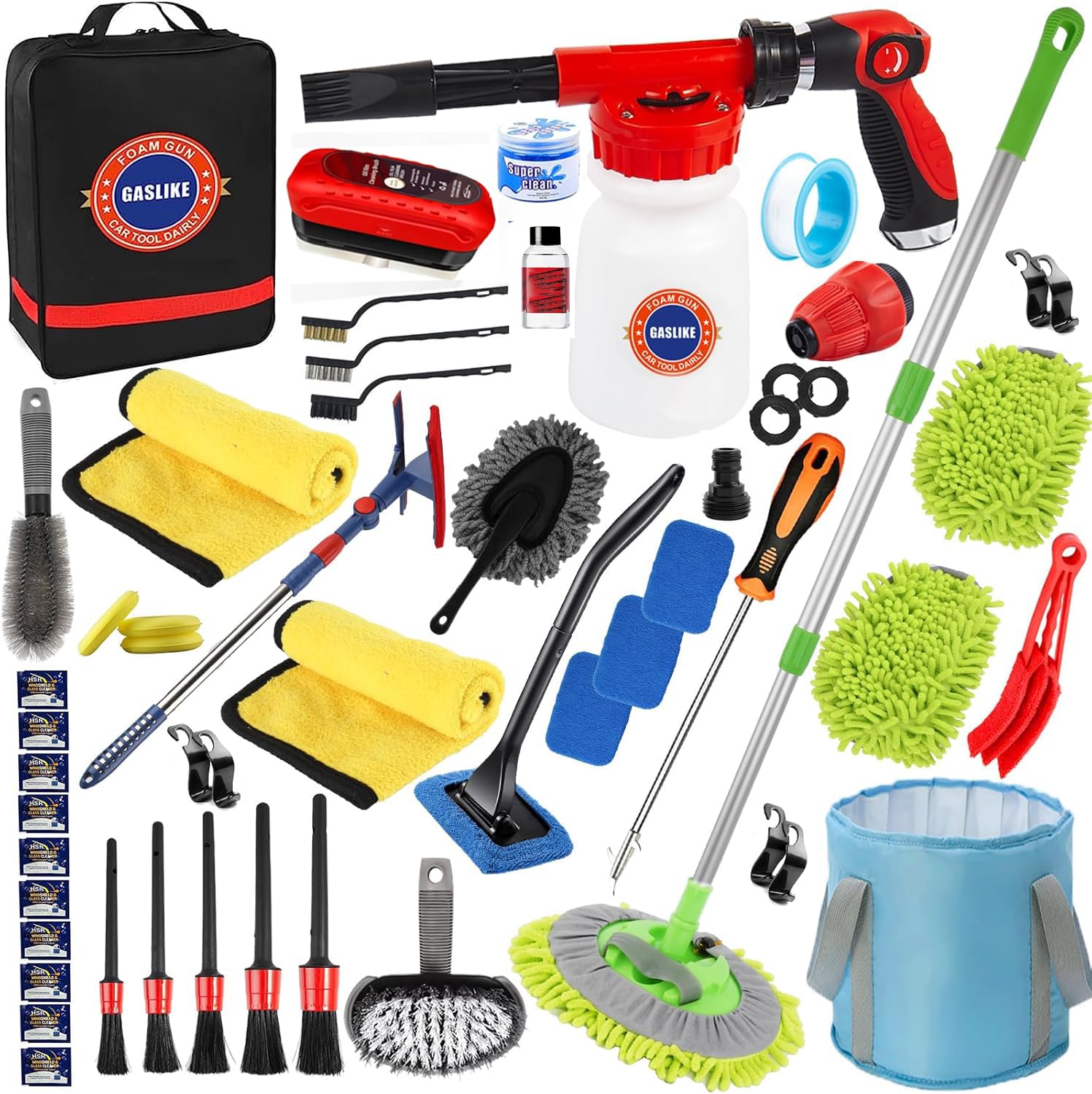 Photo 1 of 56Pcs Car Wash Cleaning Kit with Foam Gun, Car Wash Brush with Long Handle, Car Detailing Kit, Car Wheel Brush for Car Cleaning Supplies, Adjustable Hose Wash Sprayer-Quick Connector to Any Hose