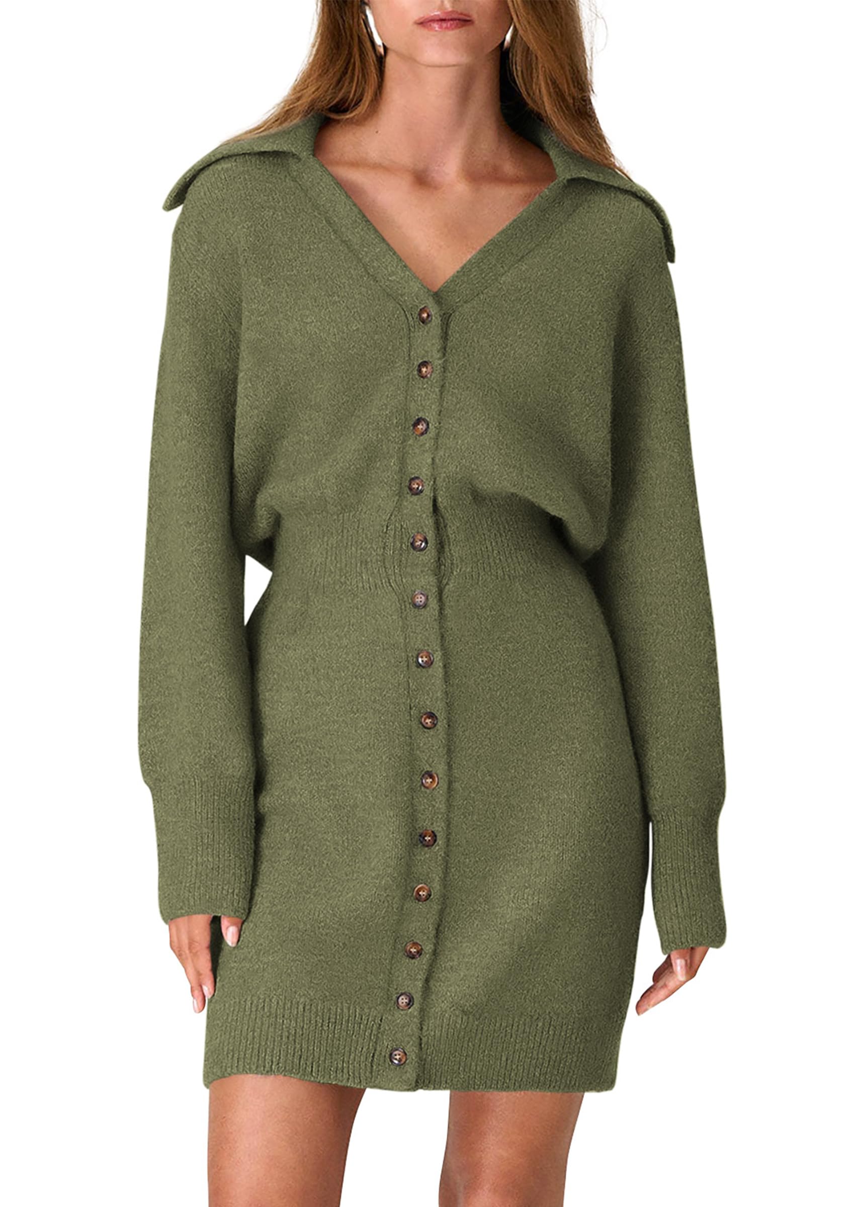 Photo 1 of PRETTYGARDEN Sweater Dresses for Women 2025 Trendy Long Sleeve Button Down Short Mini Fall Winter Dress (Army Green,X-Large)