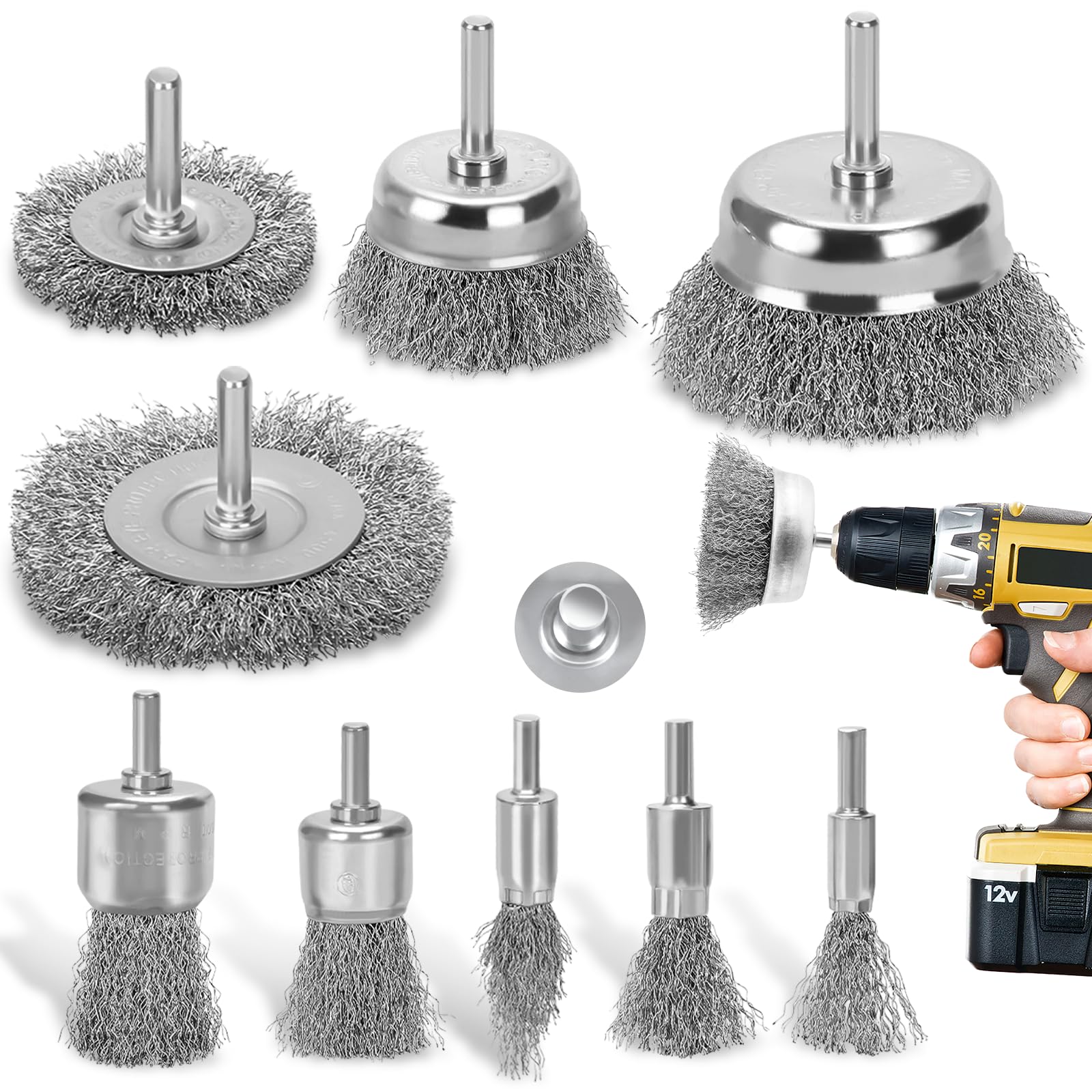 DazSpirit 9 pcs Wire Brushes for Drills Set, Brass Coated Wire Wheel & Cup Brush Set with 1/4-Inch Shank Drill Attachment Kit for Rust Removal, Stripping, and Abrasive