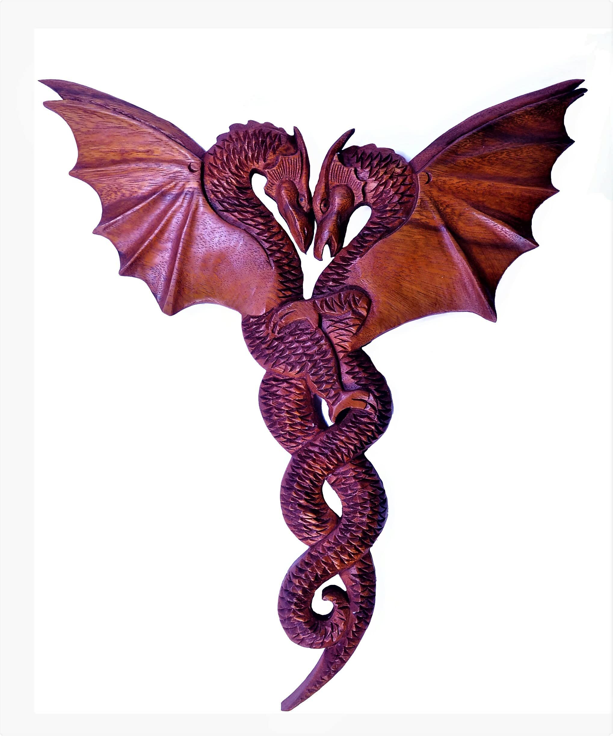 Brave Wings Hand Carved Wooden Dragon Relief Panel ~ Two Twisted Dragons ~ OOAK Ornament Sculpture Figurine Statue Unique Wall Decoration Home Decor Gift for Christmas and Birthdays ~ 4008