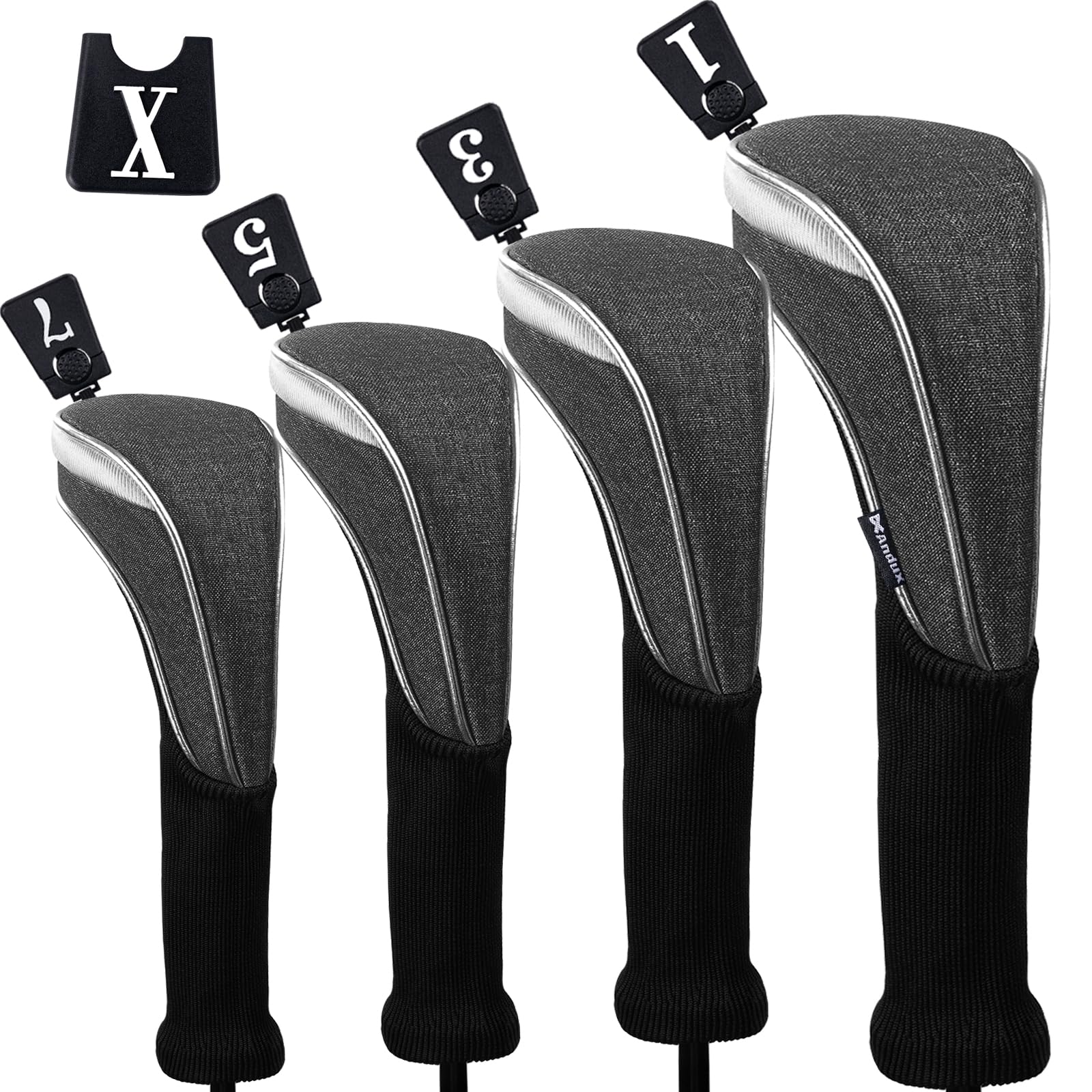 Andux 4pcs/Set Nylon Golf Wood Club Head Covers 460cc Driver Covers Long Neck Grey