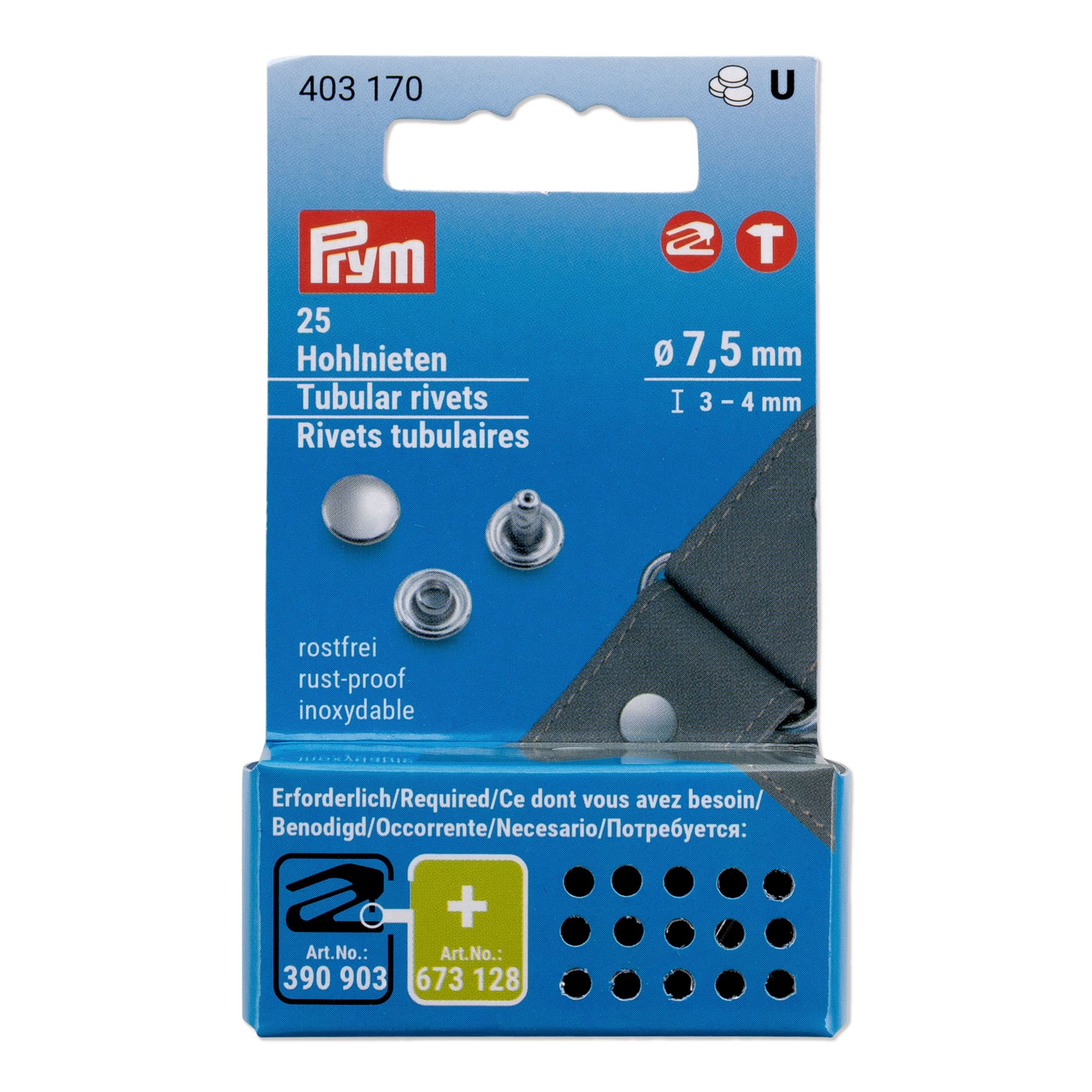 Prym 403170 Hollow Rivets Diameter 7.5/3-4 mm Brass Silver-Coloured Pack of 25 for Vario Creative Tool Silver