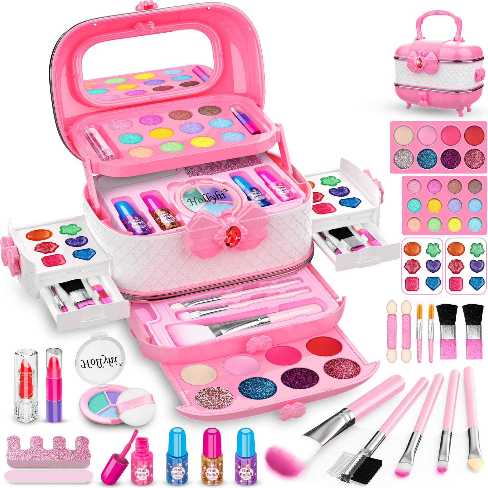 Hollyhi 58pcs Kids Real Makeup Sets for Girls, Safe Washable Children Pretend Dress Up Toys Make Up Starter Kit, Princess Holidays Birthday Gifts for Age 3 4 5 6 7 8 9 10 11 12 Year Old Girl (Pink) — image 1