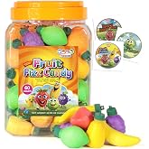 Fruit Fizz, 60 Count Fruit Shaped Powder Candy, Bulk 90s Candy Party Favors | Sweet fizzy powder in reusable fruit pods with stickers, novelty candy and goody bag fillers for classrooms, by 4YoreElves