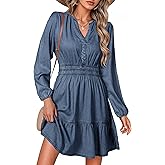 Simplee Womens Fall Denim Dress Casual Long Sleeve V Neck Empire Waist Ruffle A Line Flowy Short Jean Dresses with Pockets