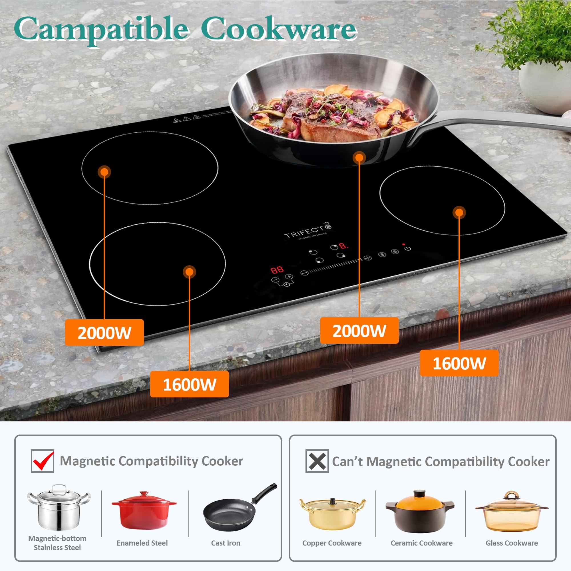 30 Inch electric induction Cooktop with 4 Power Boost Burners, 240V 5200W Built-in Electric Induction Burner, Electric Stove Top with Sensor Touch Control, Countertop Burner, Induction Cooker