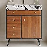 30 inch Bathroom Vanity with Ceramic Sink & Sintered Stone Countertop, Freestanding Bathroom Vanity Cabinet with Soft Closing Door, 3 Storage Drawers, Stainless Steel Legs, Two-Tone Wood Grain Finish