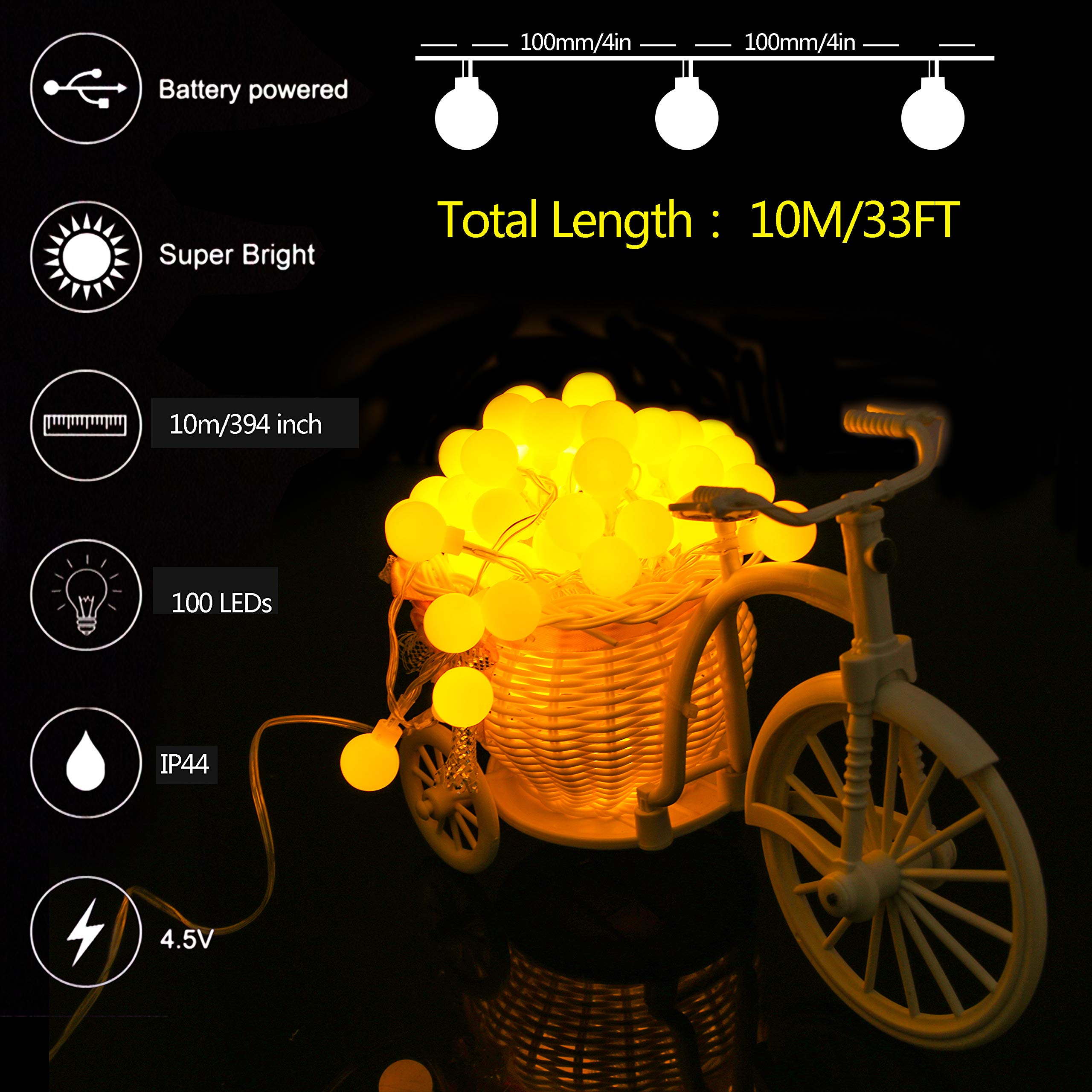 Battery Fairy Lights - Outdoor Fairy Lights [Remote & Timer] 33FT/10M 100Leds 8 Modes Waterproof Battery Powered Fairy Lights for Decorations Christmas (Warm White)