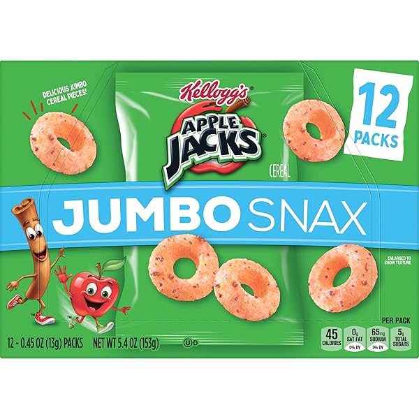 KELLOGG’S APPLE JACKS JUMBO SNAX CEREAL SNACKS, LUNCH BOX SNACKS, ORIGINAL, 5.4OZ BOX (12 POUCHES)
