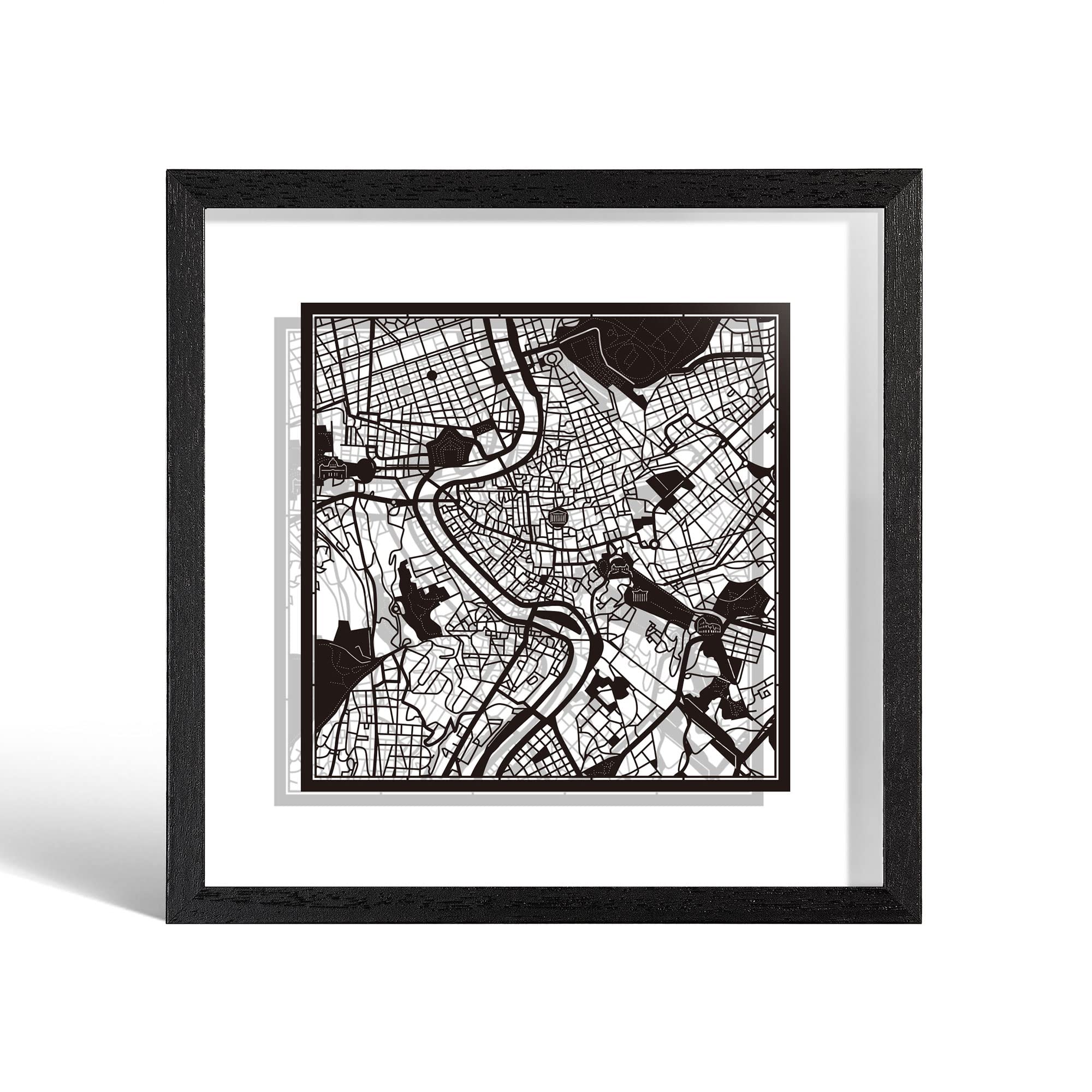 O3 DESIGN STUDIO Rome Paper Cut Map framed, Black map, Black frame, 9x9 inches, Gift Boxed, 2 background color, self-changing, Paper Art