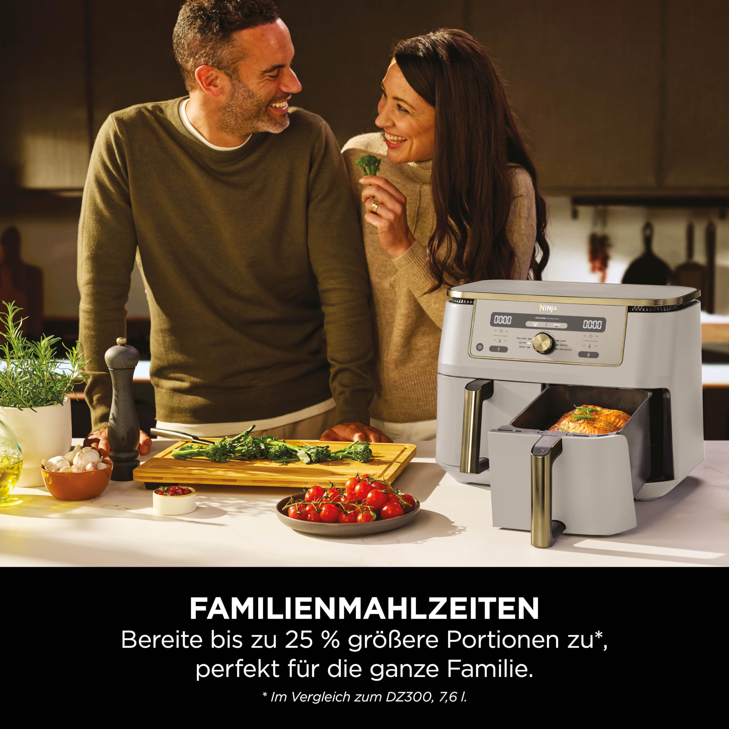 Ninja Dual Zone Digital Air Fryer, 2 Schubladen, 6-in-1, Heißluftfritteuse, 9,5L, Heißluft-Frittieren, Max Crisp, Rösten, Backen, Aufwärmen, Spülmaschinenfeste Körbe, Stone/Gold DZ400EUSTGD